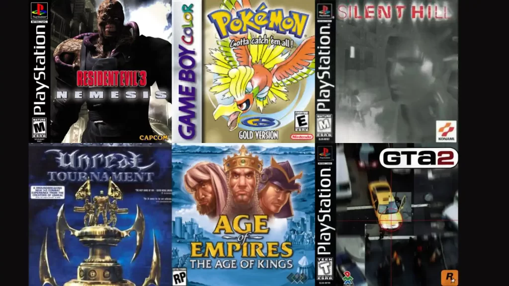 Imagem mostra a capa dos jogos, Pokémon Gold/Silver, Resident Evil 3: Nemesis, Unreal Tournament,Age of Empires II: The Age of Kings, Silent Hill, Shenmue, Grand Theft Auto 2,EverQuest